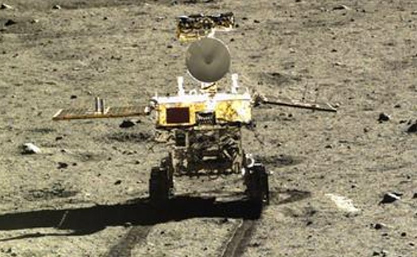 Yutu, China's first moon rover, imaged by the Chang'e 3 lander. Credit: Chinese National Space Administration/China Central Television, Wikipedia Commons.