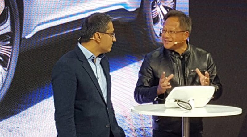 Mercedes-Benz Vice President of Digital Vehicle and Mobility, Sajjad Khan and NVIDIA founder and CEO Jen-Hsun Huang. Photo Credit: NVIDIA