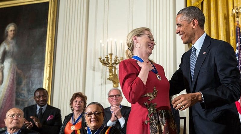 President Barack Obama presents the Presidential Medal of Freedom to Meryl Streep during a ceremony in the East Room of the White House, Nov. 24, 2014. (Official White House Photo by Pete Souza)