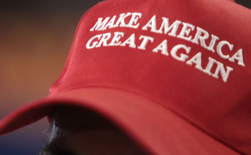Make America Great Again hat in support of Donald Trump at a rally. Photo by Gage Skidmore, Wikipedia Commons.