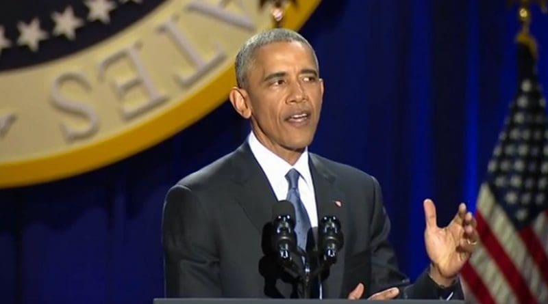 US President Barack Obama delivers farewell address january 10, 2017. Credit: Screenshot from White House video.