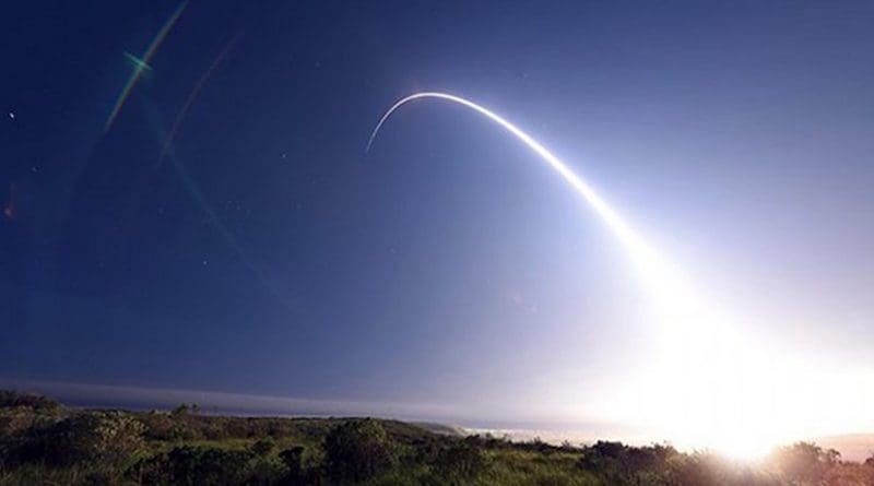 An unarmed Minuteman III intercontinental ballistic missile is launched during a 2016 operational test at Vandenberg Air Force Base, California. Credit: Senior Airman Kyla Gifford/U.S. Air Force.
