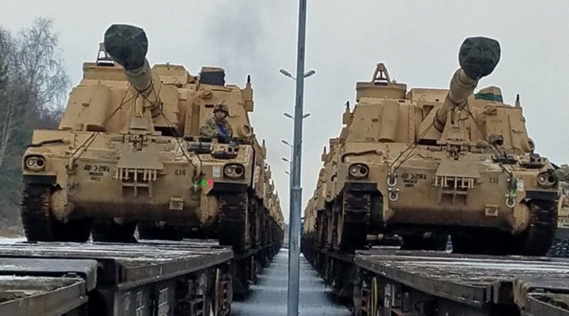 DRAWSKO POMORSKIE, Poland - M106 Paladin self-propelled howitzers belonging to 3rd Battalion, 29th Field Artillery Regiment, 3rd Armored Brigade, 4th Infantry Division have been offloaded from a flatcar railway Jan. 9, 2017. The vehicles were shipped from the Port of Bremerhaven, Germany on Jan. 6. They will be used by the Soldiers as they conduct training in Eastern Europe as part of Operation Atlantic Resolve. Rotating U.S.-based units through the European theater on a heel-to-toe rotation exercises our ability to assemble forces quickly, familiarizes Soldiers with their multinational counterparts while in a complex security environment and demonstrates deterrence. (Photo Credit: Staff Sgt. Corinna Baltos)