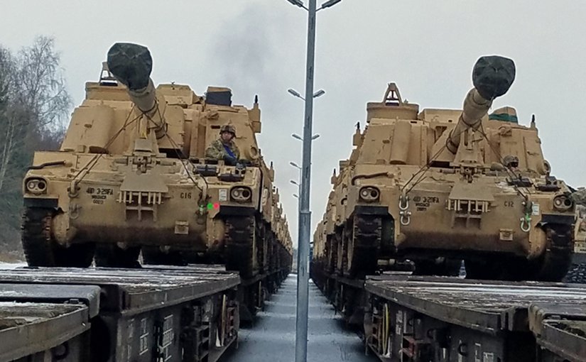 DRAWSKO POMORSKIE, Poland - M106 Paladin self-propelled howitzers belonging to 3rd Battalion, 29th Field Artillery Regiment, 3rd Armored Brigade, 4th Infantry Division have been offloaded from a flatcar railway Jan. 9, 2017. The vehicles were shipped from the Port of Bremerhaven, Germany on Jan. 6. They will be used by the Soldiers as they conduct training in Eastern Europe as part of Operation Atlantic Resolve. Rotating U.S.-based units through the European theater on a heel-to-toe rotation exercises our ability to assemble forces quickly, familiarizes Soldiers with their multinational counterparts while in a complex security environment and demonstrates deterrence. (Photo Credit: Staff Sgt. Corinna Baltos)