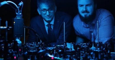 Professor Ebrahim Karimi, a member of uOttawa's Department of Physics and holder of the Canada Research Chair in Structured Light, and doctoral student Frédéric Bouchard observe the setup they used to clone the photons that transmit information, called qudits. Credit University of Ottawa