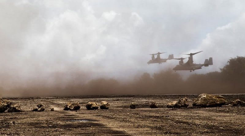 Two U.S. Marine Corps MV-22B Osprey tiltrotor aircraft participate in Valiant Shield 2014 in Tinian, Northern Mariana Islands, September 2014 (DOD/Alex Walters)