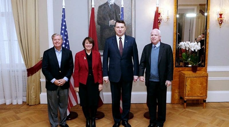 Senators John McCain, Lindsey Graham, and Amy Klobuchar visiting President Raimonds Vējonis of Latvia (Source: Office of the President of Latvia)