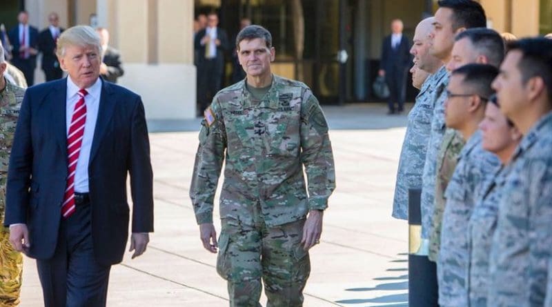 President Donald J. Trump and Army Gen. Joseph L. Votel, commander of U.S. Central Command, spend a few minutes with troops on their way to today's press briefing at MacDill Air Force Base, Fla., Feb. 6, 2017. President Trump visited Centcom headquarters to discuss issues relevant to the command’s area of responsibility. U.S. Central Command photo by Marine Corps Sgt. Alan Belser