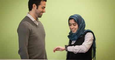 Mohammad Ghassemi and Tuka Alhanai converse with the wearable. Credit Jason Dorfman, MIT CSAIL