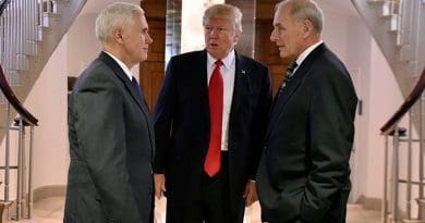 US President Donald Trump speaking with Vice President Mike Pence and Secretary of Homeland Security John F. Kelly. Photo Credit: U.S. Department of Homeland Security (DHS).