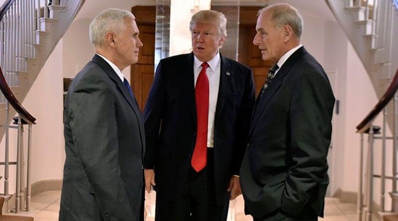 US President Donald Trump speaking with Vice President Mike Pence and Secretary of Homeland Security John F. Kelly. Photo Credit: U.S. Department of Homeland Security (DHS).