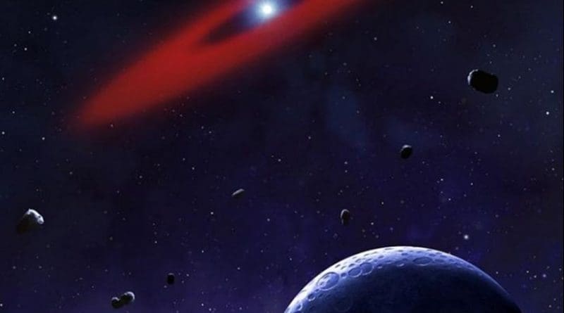 Rendering of part of a planetary system in orbit around a white dwarf star (the white spot at the center of the red ring). The foreground shows rocky asteroids; the red ring represents the rocky debris that remains of former asteroids or a minor planet that have already been broken apart by the strong gravity of the white dwarf. Credit University of Warwick