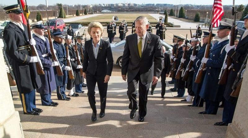 Defense Secretary Jim Mattis welcomes German Defense Minister Ursula von der Leyen with an enhanced honor cordon as she arrives at the Pentagon, Feb. 10, 2017. DoD photo by Air Force Staff Sgt. Jette Carr