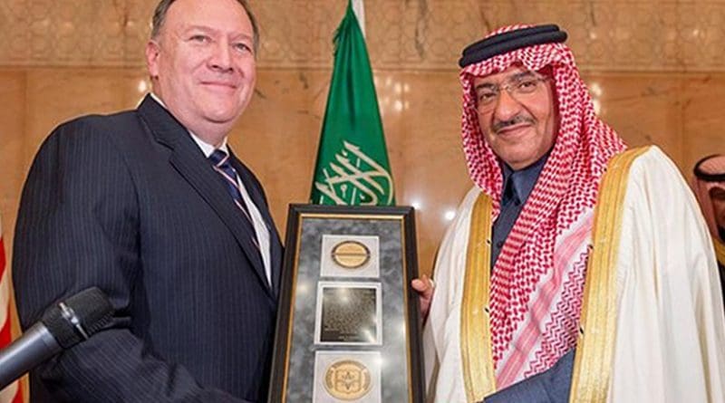 Saudi Crown Prince Mohammed bin Naif, deputy premier and minister of interior, awarded CIA “George Tenet” medal by CIA Director Mike Pompeo. Photo Credit: SPA