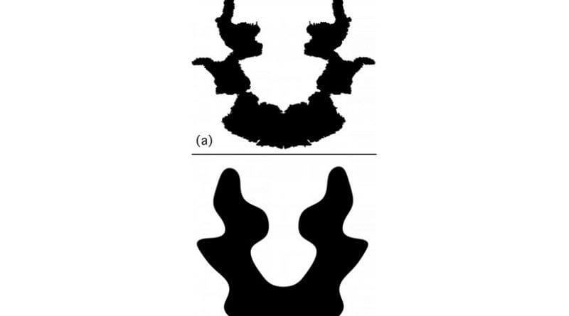 Rorschach's Blot Seven is shown at the top (a). Note the tell-tale fractal signatures of irregular curves or shapes at the edges of the symmetrical image. Some people see a woman's head with a ponytail. Below (b) the inkblot has been altered with the fractal borders removed. The ability to see hidden patterns is reduced. Credit Courtesy of Richard Taylor