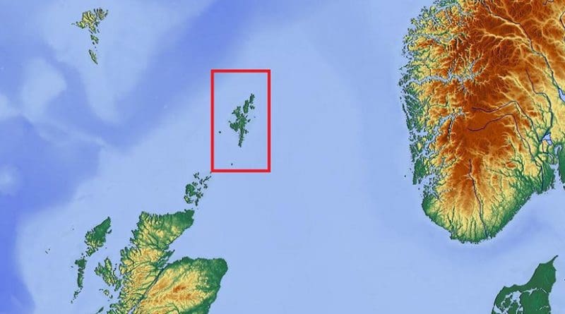 Shetland (boxed) in relation to surrounding territories including Norway (to the east), the Faroe Islands (to the north west), and Orkney and Great Britain (to the south west). Source: Wikipedia Commons.