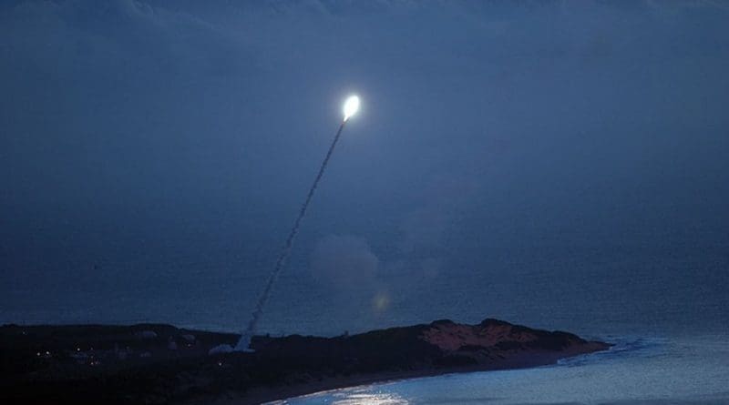 Standard Missile-3 is launched from Pearl Harbor–based Aegis cruiser USS Lake Erie enroute to intercept as part of Missile Defense Agency test of sea-based capability under development, yet tactically certified and deployed with U.S. Navy, November 2007 (U.S. Navy)