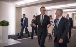 Secretary of Defense Jim Mattis speaks with NATO Secretary General Jens Stoltenberg at the NATO Headquarters in Brussels, Belgium, Feb. 15, 2017.