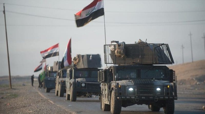 An Iraqi counterterrorism service convoy moves from Baghdad toward Mosul, Iraq, as part of the effort to liberate Mosul from the Islamic State of Iraq and Syria, Feb. 23, 2017. Army photo by Staff Sgt. Alex Manne