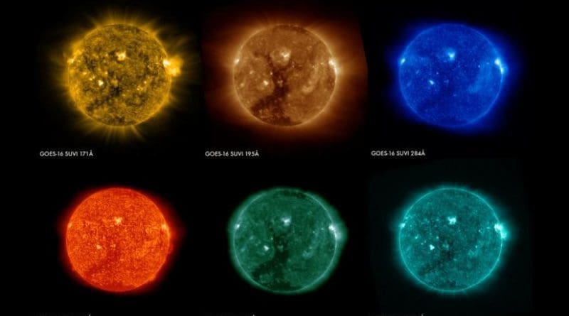 These images of the sun were captured at the same time on Jan. 29, 2017 by the six channels on the SUVI instrument on board GOES-16 and show a large coronal hole in the sun's southern hemisphere. Each channel observes the sun at a different wavelength, allowing scientists to detect a wide range of solar phenomena important for space weather forecasting. Credit NOAA
