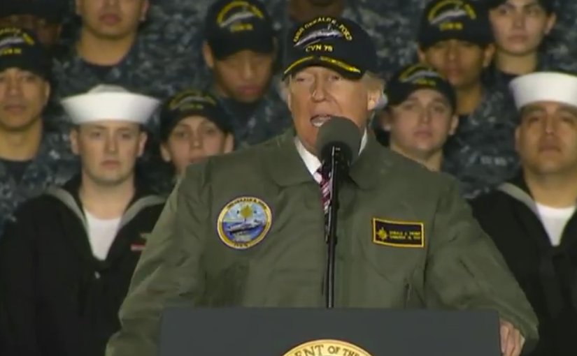 US President Donald Trump visits the future USS Gerald R. Ford in Newport News, Virginia. Credit: DoD video screenshot.
