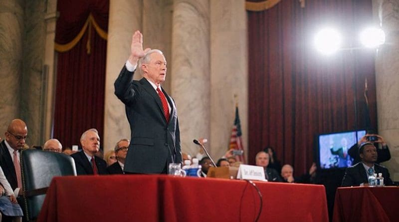 Jeff Sessions being sworn in at his confirmation hearing on January 10, 2017. Photo Credit: Office of the President-elect, Wikipedia Commons.