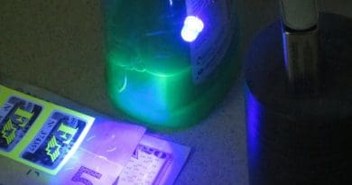 A 380 nanometre UV LED makes some common household items fluoresce. Photo by Wtshymanski, Wikipedia Commons.