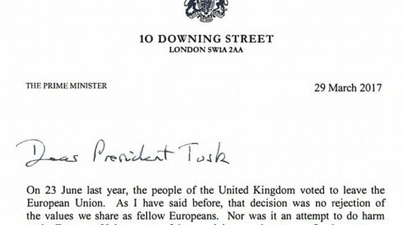 Brexit letter from UK's Prime Minister Theresa May to EU's Donald Tusk.