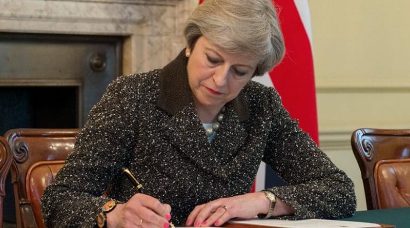 Theresa May, UK Prime Minister, signs Article 50 letter today. Photo: Jay Allen / Number 10 (Crown copyright, CC BY-NC-ND 2.0)