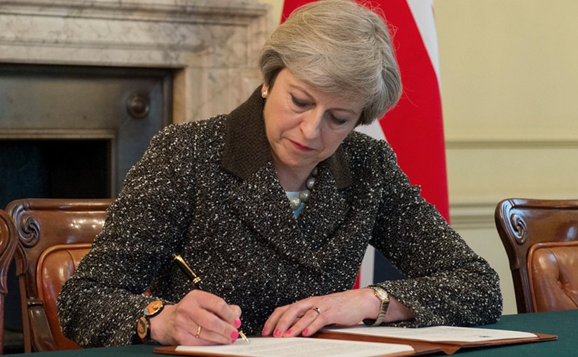 Theresa May, UK Prime Minister, signs Article 50 letter today. Photo: Jay Allen / Number 10 (Crown copyright, CC BY-NC-ND 2.0)