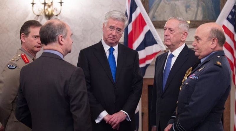 Defense Secretary Jim Mattis speaks with British Defense Secretary Michael Fallon, center, before an arrival ceremony at Britain's Defense Ministry in London, March 31, 2017. DoD photo by Army Sgt. Amber I. Smith