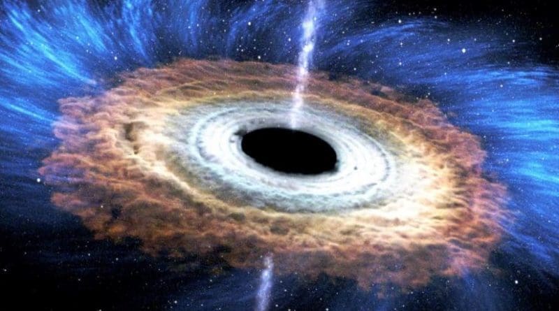 This artist's rendering shows the tidal disruption event named ASASSN-14li, where a star wandering too close to a 3-million-solar-mass black hole was torn apart. The debris gathered into an accretion disk around the black hole. New data from NASA's Swift satellite show that the initial formation of the disk was shaped by interactions among incoming and outgoing streams of tidal debris. Credit NASA's Goddard Space Flight Center