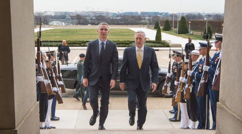 Defense Secretary Jim Mattis, right, walks with NATO Secretary General Jens Stoltenberg before a meeting at the Pentagon, March 21, 2017. DoD photo by Army Sgt. Amber I. Smith