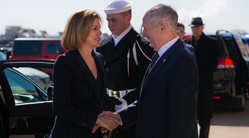 US Defense Secretary Jim Mattis greets Spain's Minister of Defence Maria Dolores de Cospedal before a meeting at the Pentagon in Washington, D.C., March 23, 2017. (DOD photo by Army Sgt. Amber I. Smith)