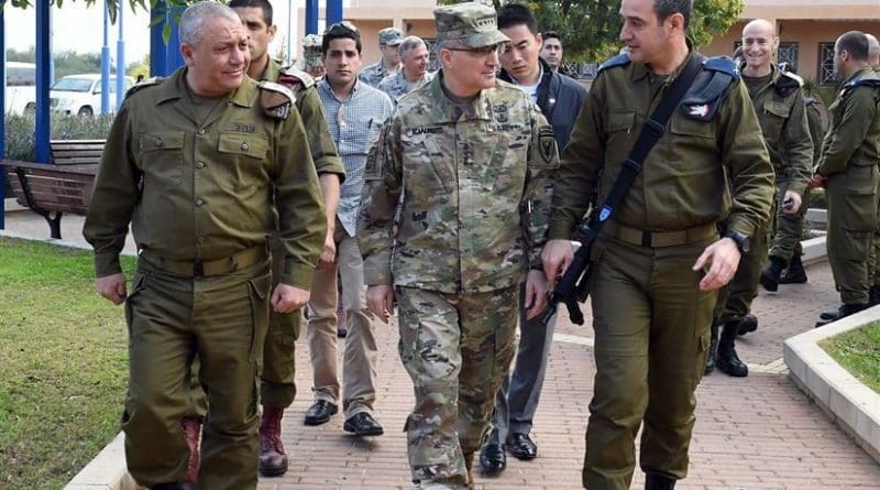 Army Gen. Curtis M. Scaparrotti, commander of U.S. European Command, center, tours the Arrow Missile Defense System headquarters in Palmahim, Israel, accompanied by Israeli Defense Force Chief of Staff Lt. Gen. Gadi Eizenkot, left, and Air Defense Commander Brig. Gen. Zvika Haimovich, March 7, 2017. State Department photo by Matty Stern