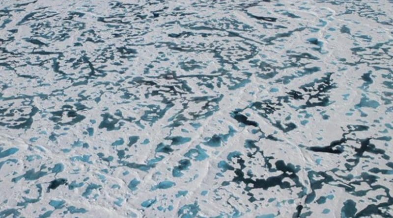 These are melt ponds on the surface of Arctic ice. Credit NASA