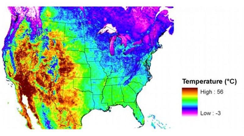 This is an image from NASA's Moderate Resolution Imaging Spectroradiometer showing hotter than normal daytime land surface temperatures over much of the Southwest United States July 1-8, 2001. Credit NASA