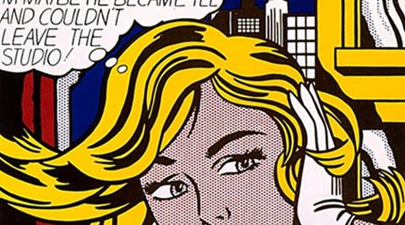 Section of "M-Maybe," a 1965 pop art painting by Roy Lichtenstein. Source: Wikipedia Commons.