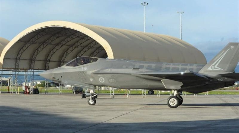 Two Australian F-35A Lightning II joint strike fighters arrive on the Hickam Air Force Base ramp at Joint Base Pearl Harbor-Hickam, Hawaii, Feb. 23, 2017. Hickam was the last stop en route to the Avalon air show in Victoria, Australia. Air Force photo by Capt. Nicole White