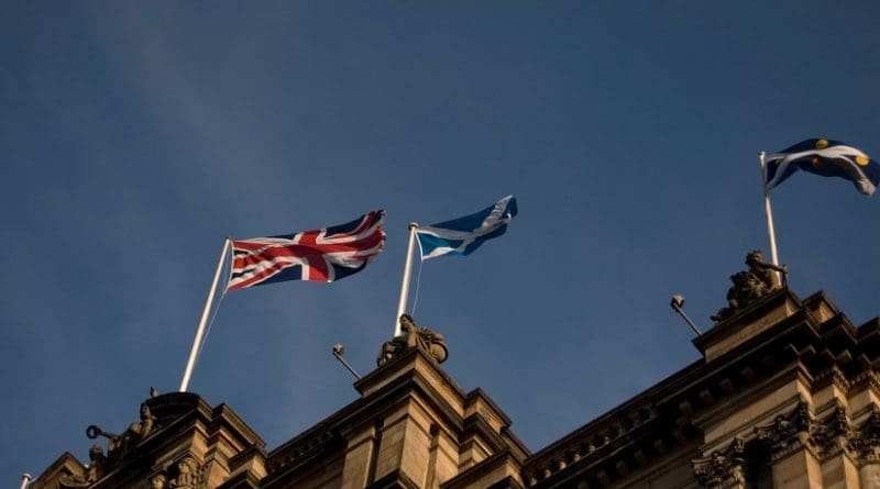 Flags of Scotland and United Kingdom flying in Edinburgh.
