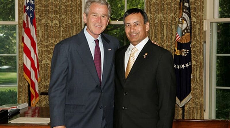 US President George W. Bush stands with Ambassador Husain Haqqani of the Islamic Republic of Pakistan, June 6, 2008, in the Oval Office during a credentials ceremony for newly appointed ambassadors to Washington D.C. White House photo by Joyce N. Boghosian, Wikipedia Commons.