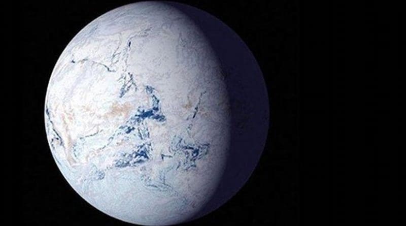 About 700 million years ago, runaway glaciers covered the entire planet in ice. Harvard researchers modeled the conditions that may have led to this so-called 'snowball Earth'. Credit (Image courtesy of NASA)