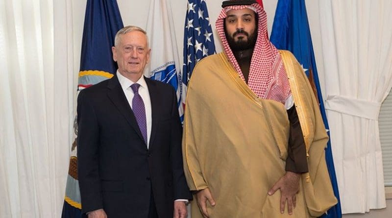 Defense Secretary Jim Mattis stands with Deputy Crown Price of Saudi Arabia and Defense Minister Mohammad bin Salman Al Saud before a bilateral meeting at the Pentagon in Washington, D.C., March 16, 2017. DoD photo by Army Sgt. Amber I. Smith