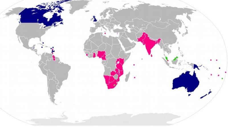 Members of the Commonwealth shaded according to their political status. Commonwealth realms are shown in blue, republics in pink, and members with their own monarchy are displayed in green. Source: Wikipedia Commons.