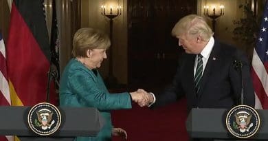 US President Donald Trump and German Chancellor Angela Merkel in join press conference. Source: White House video screenshot.
