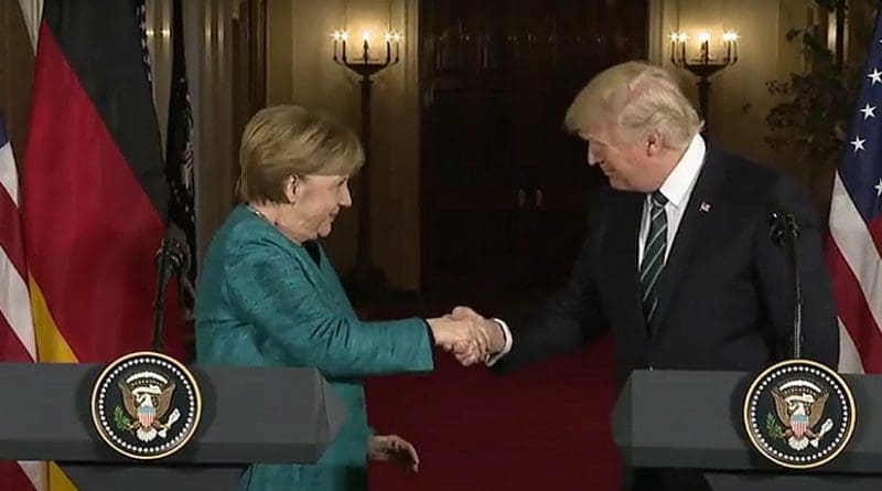 US President Donald Trump and German Chancellor Angela Merkel in join press conference. Source: White House video screenshot.