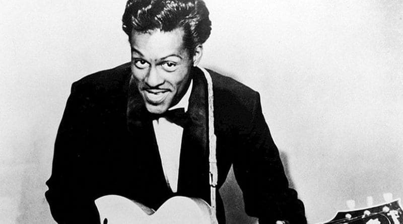 Chuck Berry in 1957. Photo by Universal Attractions, Wikipedia Commons.