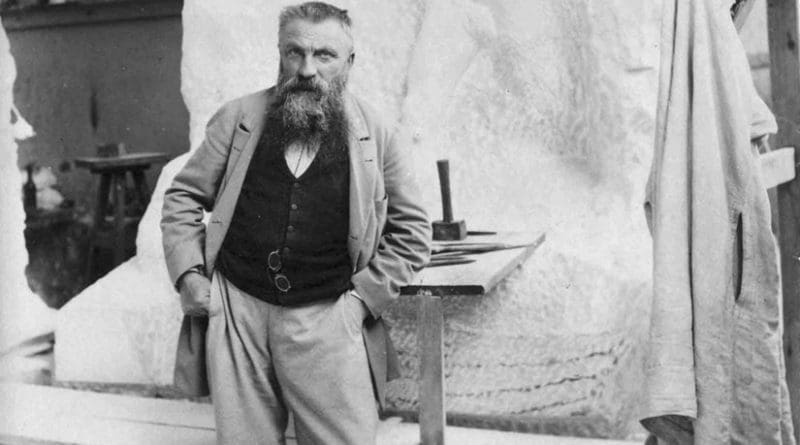 August Rodin photographed in his studio by Paul François Arnold Cardon a.k.a. Dornac (1858–1941). Source: Wikipedia Commons.