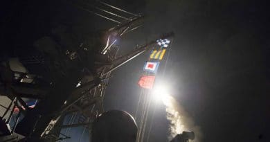 The Arleigh Burke-class guided-missile destroyer USS Ross fires a tomahawk land attack missile into Syria while conducting naval operations in the Mediterranean Sea, April 7, 2017. Navy photo by Petty Officer 3rd Class Robert S. Price