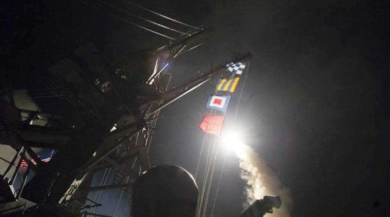 The Arleigh Burke-class guided-missile destroyer USS Ross fires a tomahawk land attack missile into Syria while conducting naval operations in the Mediterranean Sea, April 7, 2017. Navy photo by Petty Officer 3rd Class Robert S. Price